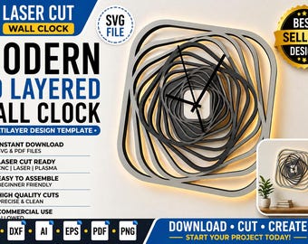 Laser Cut Multilayer Wall Clock SVG | Modern 3D Layered Decor Design Template Glowforge DXF