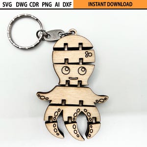 Laser geschnitten Flexible Oktopus Schlüsselanhänger Design SVG, Laser geschnitten Flexi Schlüsselhalter, bewegliche Holzfigur, Laser geschnitten Fidget mechanischen Holzspielzeug