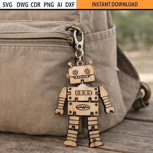 Laser Cut Robot Keychain Design, Flexible Wooden Figure (svg, ai, dxf, dwg, png)
