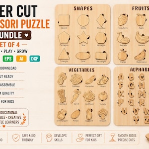 May include: A laser-cut Montessori puzzle bundle with four wooden puzzles. The set includes shapes, fruits, vegetables, and the alphabet. The puzzles are made from natural wood and are easy to assemble. The image text says "Learn, Play, Grow".