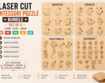 May include: Laser cut Montessori puzzle bundle set of 4. Includes wooden puzzles with shapes, fruits, vegetables, and the alphabet. The puzzles are made from natural wood and are easy to assemble. The text on the image says "Learn, Play, Grow".