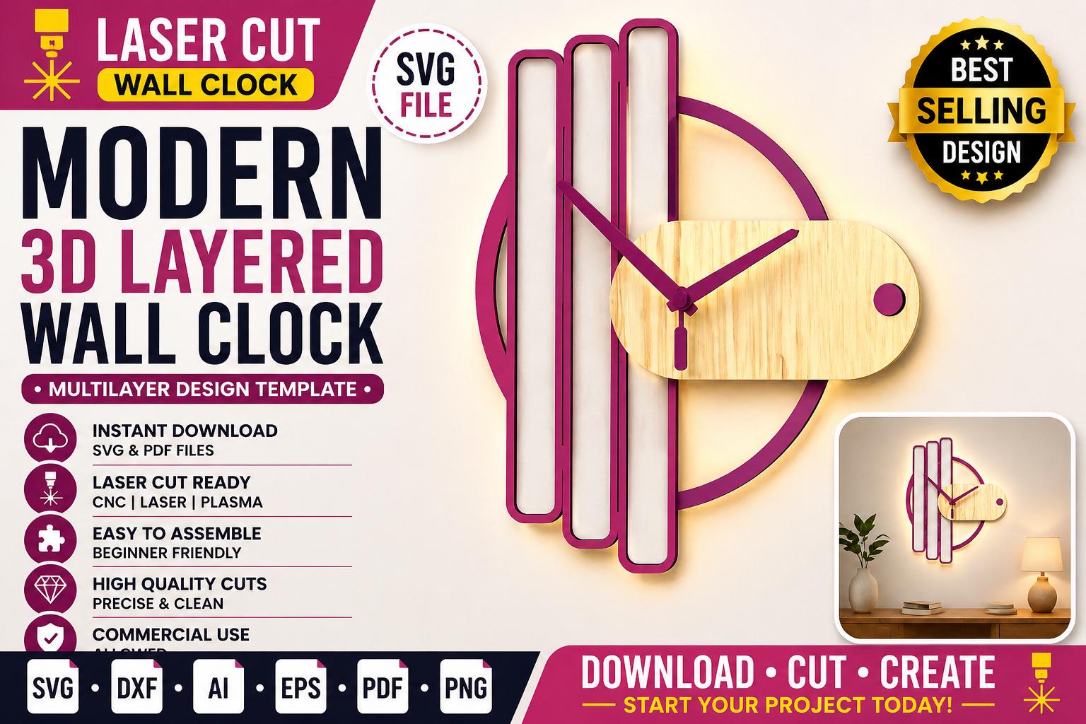 Laser Cut Multilayer Wall Clock SVG | Modern 3D Layered Decor Design ...
