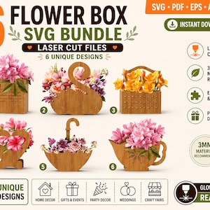 Puede incluir: Un paquete SVG digital con seis diseños únicos de cajas de flores cortadas con láser. Las cajas de madera están llenas de flores coloridas. El texto de la imagen dice "Flower Box SVG Bundle" y "Laser Cut Files".