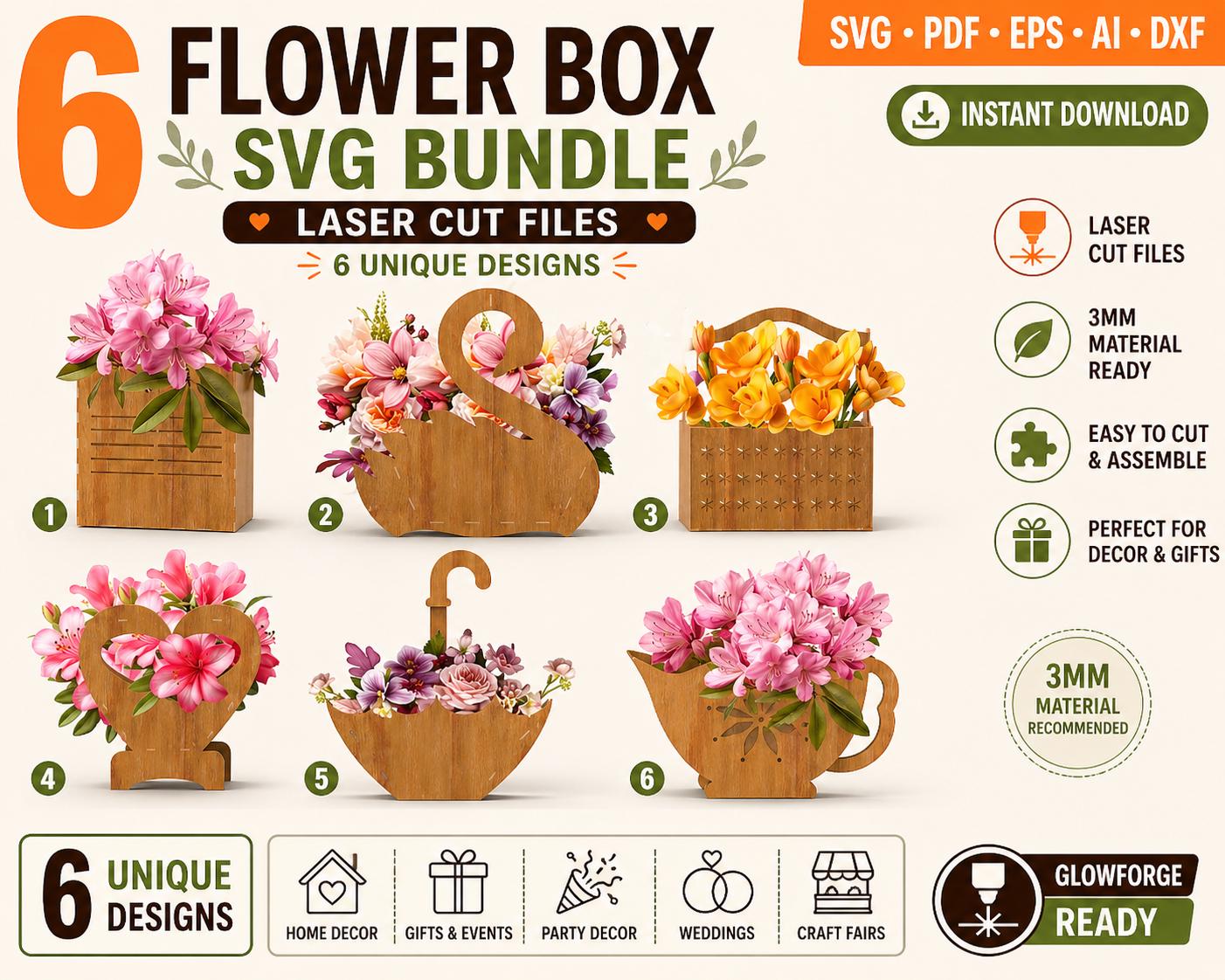Laser Cut Flower Box SVG Bundle | 6 Unique Designs, Wedding Decor ...