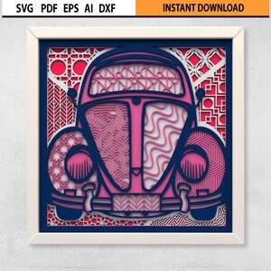 Mandala SVG 3D Volkswagen Beetle VW Bug, Beetle classique couches ombre boîte fichiers découpés au Laser, svg multicouche, Mandala en couches 3D Glowforge SVG