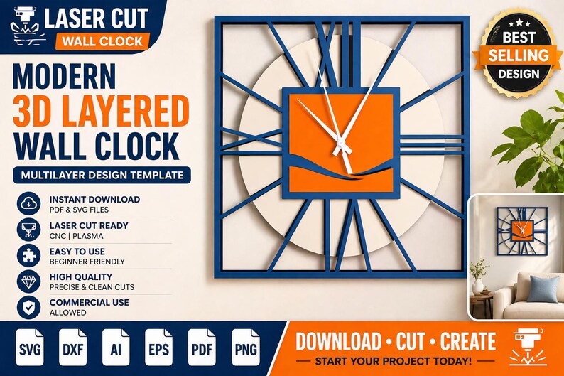 Laser Cut Multilayer Wall Clock SVG | Modern 3D Layered Decor Design ...