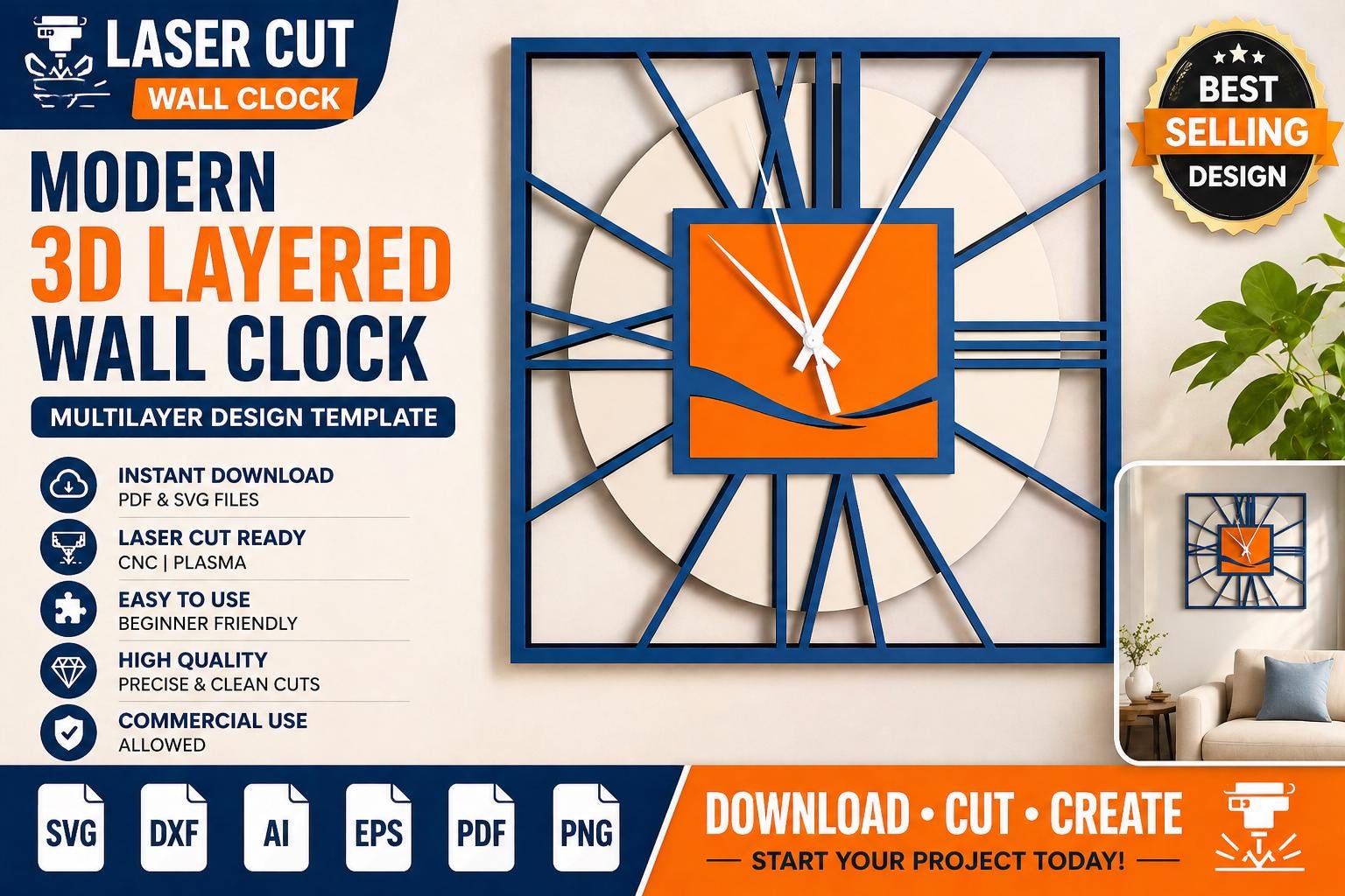 Laser Cut Multilayer Wall Clock SVG | Modern 3D Layered Decor Design ...