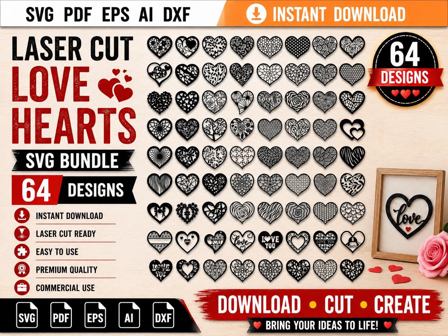 Laser Cut Love Hearts SVG Bundle | 64 Valentine Wedding Files (digital ...
