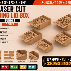 May include: A bundle of laser-cut sliding lid boxes in various sizes. The boxes are made of light brown wood and feature intricate, geometric designs on the sliding lids. The image includes text that says "Laser Cut Sliding Lid Box Bundle" and "Instant Download".