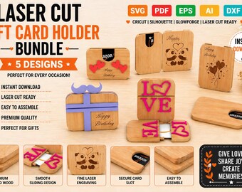 Laser Cut Gift Card Holder Bundle SVG File | 5 Wooden Cases for Cricut Glowforge