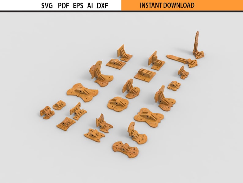 May include: A collection of light brown wooden puzzle pieces, including various shapes like L-shapes, flat pieces with holes, and curved elements. The image includes the text "SVG PDF EPS AI DXF" and "INSTANT DOWNLOAD".
