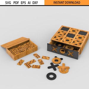 Dominó de madera cortado con láser - Juego de tres en raya de madera cortado con láser - Paquete de diseño SVG DXF - Plantilla de diseño de juego de viaje portátil Glowforge