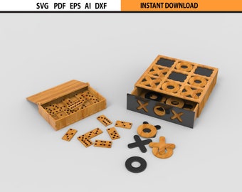 Dominó de madera cortado con láser -Juego de juego de madera Tic Tac Toe cortado con láser SVG DXF Paquete de diseño Paquete de diseño de juego de viaje portátil Plantilla Glowforge