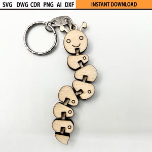 Lasergesneden flexibele zijderups sleutelhanger ontwerp SVG, lasergesneden flexibele sleutelhouder, beweegbare houten figuur, lasergesneden fidget houten mechanisch speelgoed