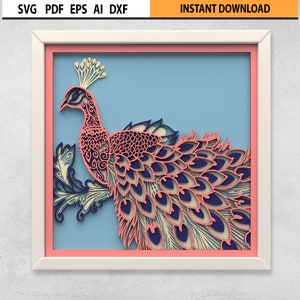 3D SVG Peacock Mandala Files, Layered Shadow box DXF cut files, Multilayer SVG files for laser cut, 3D Layered Wall Art Mandala Glowforge.