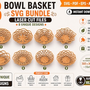 Peut inclure: Un ensemble num&eacute;rique t&eacute;l&eacute;chargeable de huit mod&egrave;les uniques de paniers &agrave; d&eacute;couper au laser. L'image pr&eacute;sente divers mod&egrave;les de paniers en bois, parfaits pour les corbeilles &agrave; fruits, les plateaux, la d&eacute;coration de table, la d&eacute;coration int&eacute;rieure et les cadeaux. Taille minimale recommand&eacute;e : 30 x 30 cm.