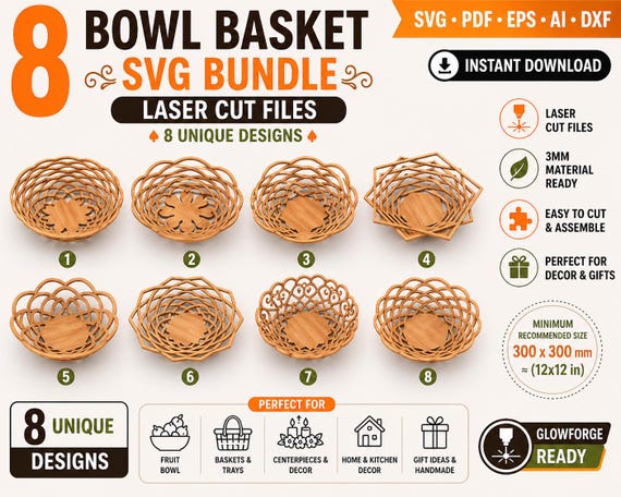 Laser Cut Bowl Basket SVG Bundle | 8 Scroll Designs (Digital Download)