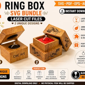Puede incluir: Dos cajas de anillos de madera con diseños cortados con láser, una abierta para mostrar un anillo. Las cajas están etiquetadas como un "SVG Bundle" con "Laser Cut Files" y "2 Unique Designs". La imagen también incluye iconos y texto que indican "Instant Download" y "Glowforge Ready".