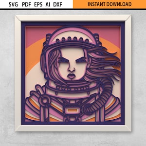 Astronauta menina 3D SVG em camadas de sombra caixa mandala arte de parede arquivo cortado a laser, astronauta feminino multicamadas svg, 3D em camadas mandala Glowforge SVG