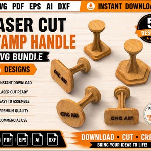 Puede incluir: Un paquete SVG de mango de sello cortado con láser de madera con cinco diseños. La imagen incluye el texto "LASER CUT STAMP HANDLE SVG BUNDLE" y "5 DESIGNS". Los sellos son de color marrón claro y presentan el texto "CNC ART". La imagen también incluye el texto "INSTANT DOWNLOAD".