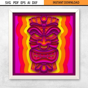 Máscara Tiki 3D SVG con sombras en capas, DXF, mandala, arte de pared cortado con láser 3D indio Tiki, caja de sombras multicapa svg, corte de papel 3D Tiki Glowforge