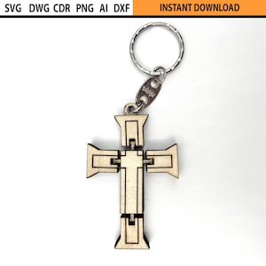 May include: A wooden cross-shaped keychain with a silver-colored keyring. The cross is light brown with a geometric design. The text "INSTANT DOWNLOAD" is in an orange box at the top.