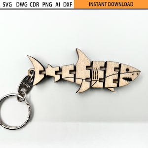 Lasergesneden flexibele haai sleutelhanger ontwerp SVG, lasergesneden flexibele sleutelhouder, beweegbare houten figuur, lasergesneden fidget houten mechanisch speelgoed