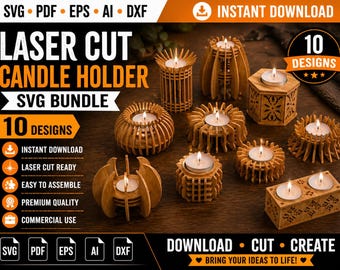 Peut inclure: Plusieurs modèles de bougeoirs découpés au laser, en bois clair, chacun contenant une bougie chauffe-plat allumée. L'image présente le texte "LASER CUT CANDLE HOLDER SVG BUNDLE". Les bougeoirs présentent des motifs géométriques et floraux.