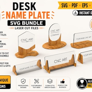 May include: An image showcasing six desk name plate designs. The name plates are made of wood and clear acrylic, with the text "CNC ART" and "YOUR NAME: CNC ART" displayed. The image includes text that says "SVG BUNDLE" and "LASER CUT FILES".