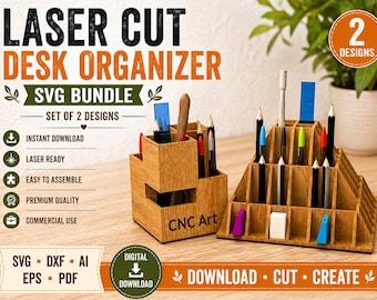 Laser Cut Desk Organizer SVG Bundle | 2 Set Pen Holder Designs (Digital Download)