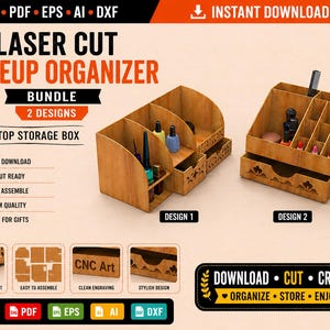 Puede incluir: Paquete de organizadores de maquillaje de madera cortados con láser con dos diseños. Los organizadores tienen múltiples compartimentos y cajones para guardar cosméticos. La imagen incluye el texto "Laser Cut Makeup Organizer Bundle" y "Desktop Storage Box".