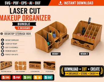 Laser geschnittenes Makeup Organizer SVG Bundle | 2 Desktop Aufbewahrungsbox Designs (Digitaler Download)