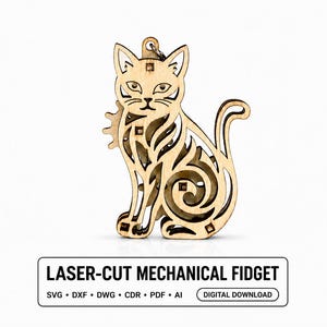 File SVG per portachiavi meccanico a forma di gatto tagliato al laser / Giocattolo antistress in legno a forma di gatto