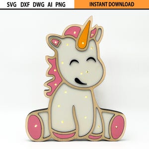 レーザーカットの多層ナイトライトデザイン SVG、子供用ユニコーンベッドライト、子供用寝室ライトデザイン、出産祝い、動物ライトデザイン SVG