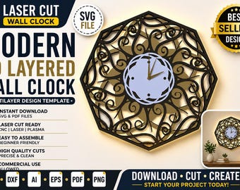 Reloj de pared multicapa cortado con láser SVG / Plantilla de diseño de decoración moderna en 3D por capas Glowforge DXF