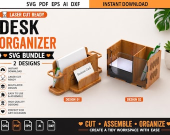 Laser Cut Desk Organizer SVG Bundle | 2 Designs | Pen Holder DXF | Desk Storage Template