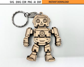 Llavero flexible cortado con láser en formato SVG, diseño de llavero con colgante de robot para bolso (descarga digital).