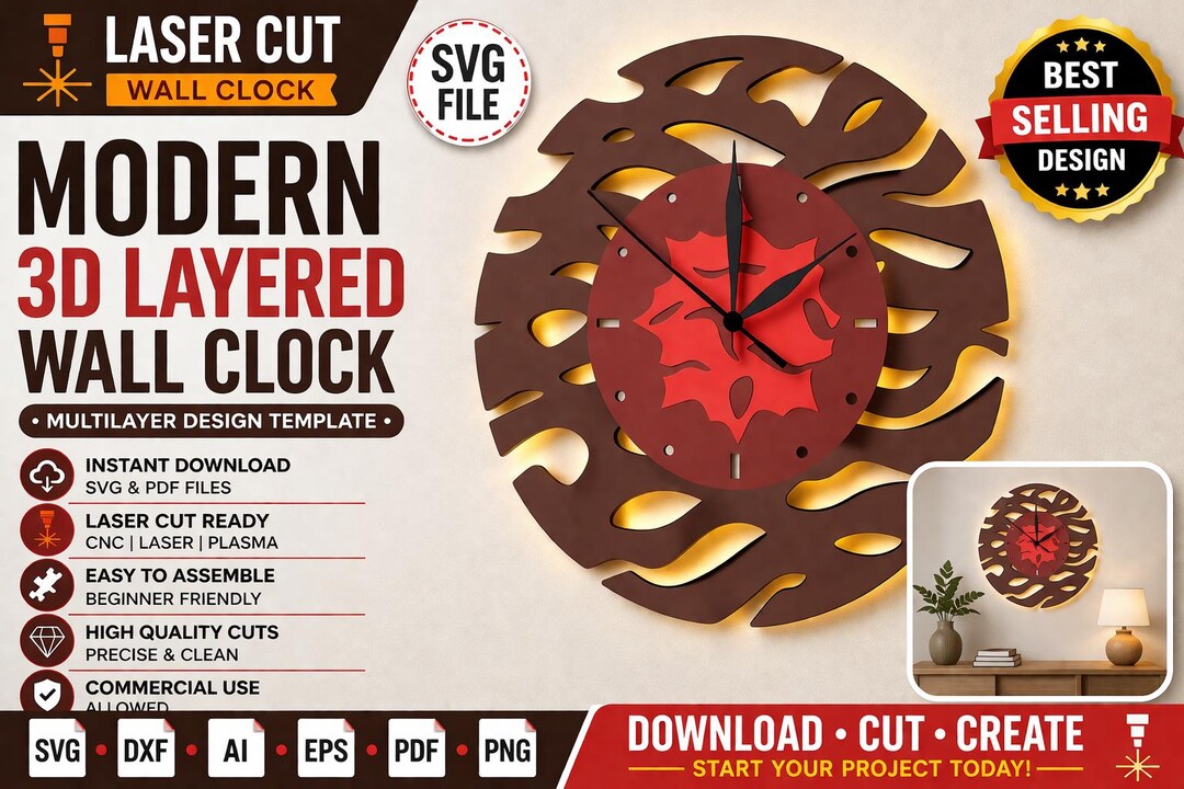 Laser Cut Multilayer Wall Clock SVG | Modern 3D Layered Decor Design ...