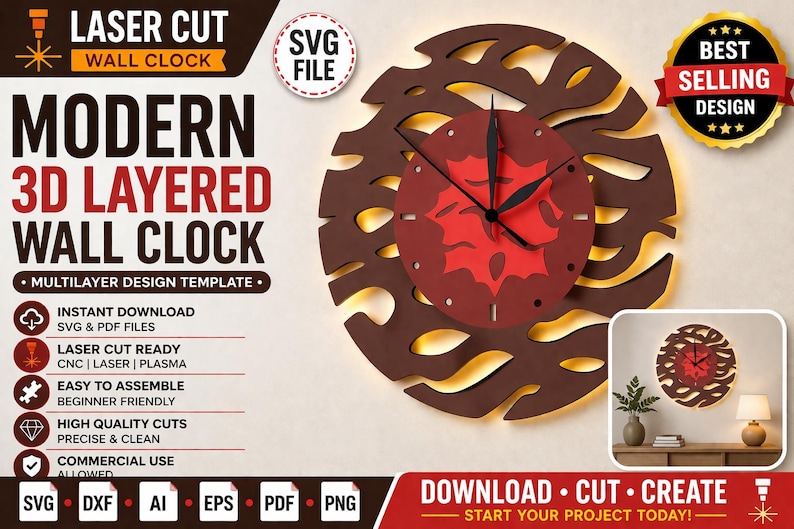 Laser Cut Multilayer Wall Clock SVG | Modern 3D Layered Decor Design ...