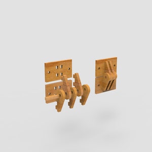 May include: Wooden puzzle pieces in a light brown color. The pieces are designed to interlock, featuring a series of cutouts and interlocking shapes. The design suggests a mechanical or architectural theme, possibly a model or a construction toy.