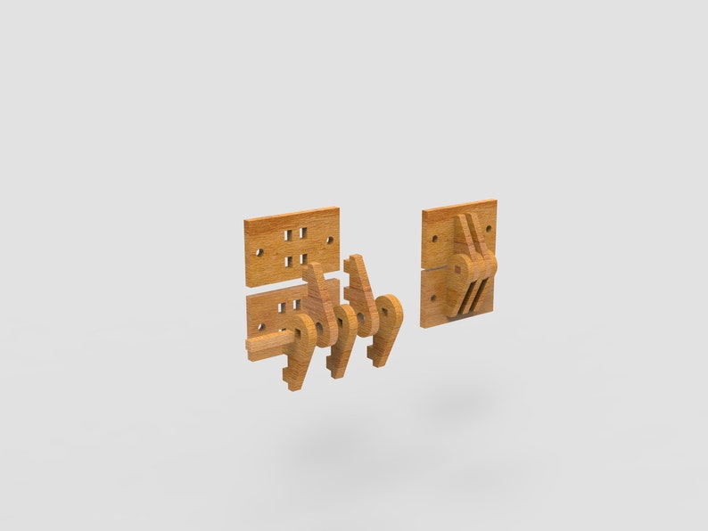May include: Wooden puzzle pieces in a light brown color. The pieces are designed to interlock, featuring a series of cutouts and interlocking shapes. The design suggests a mechanical or architectural theme, possibly a model or a construction toy.