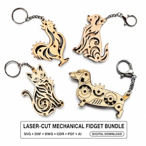 Pode incluir: Quatro porta-chaves de madeira cortados a laser com formas de animais: um galo, um cão, um gato e um dachshund. Cada peça inclui detalhes de engrenagens mecânicas e um anel de metal. O texto diz: LASER-CUT MECHANICAL FIDGET BUNDLE SVG DXF DWG CDR PDF AI DIGITAL DOWNLOAD.