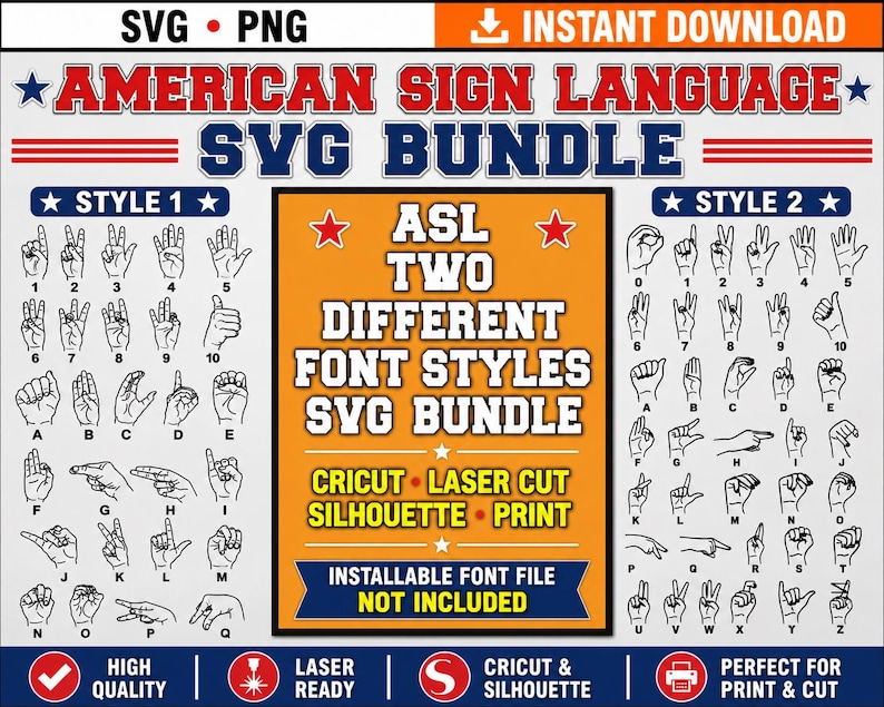 ASL Alphabet SVG Bundle American Sign Language Hand Letters Cricut ...