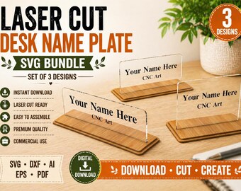 Laser Cut Desk Name Plate SVG Bundle | 3 Acrylic Wood Sign Designs (Digital Download)