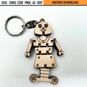 Lasergesneden flexibele Lady Robot sleutelhangerbestand | Lasergesneden flexibele sleutelhouder, beweegbare houten figuur, lasergesneden fidgets houten mechanisch speelgoed SVG