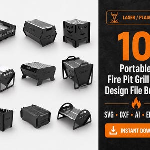 Può includere: Una raccolta digitale di 10 file di design per barbecue e bracieri portatili per taglio laser o plasma. Il pacchetto include formati SVG, DXF, AI, EPS e PDF, con varie strutture di griglia in metallo nero e griglie di cottura.