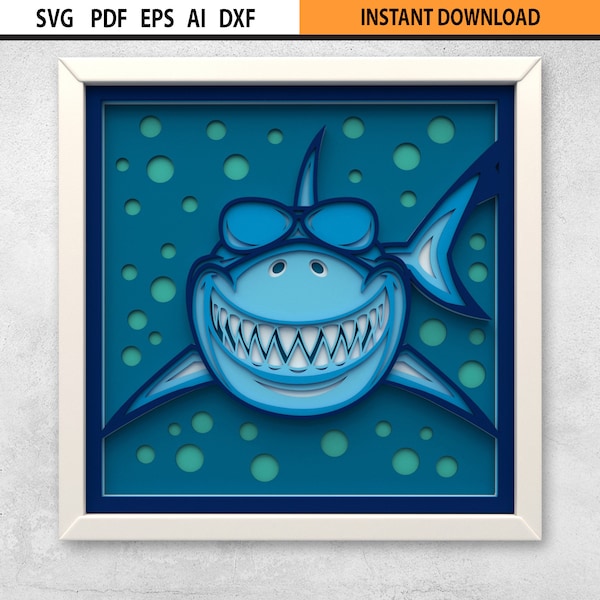 3D Multilayer Happy Shark Shadow Box SVG | Multilayer Mandala Wall Art | 3D Shadow Box Wall Art SVG | Vintage Shadow Box | Cricut Glowforge