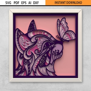 Fichier SVG 3D SVG papillon chat Portrait multicouche Shadow Box, fichier SVG, superposition de couches Shadow Box, découpe laser multicouche, Mandala 3D Glowforge SVG