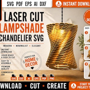 May include: A laser-cut lampshade chandelier SVG design. The image shows a golden-colored, spiral-shaped lampshade with a light bulb inside. The design is described as modern, minimalist, and elegant. The image also includes the text "Instant Download".