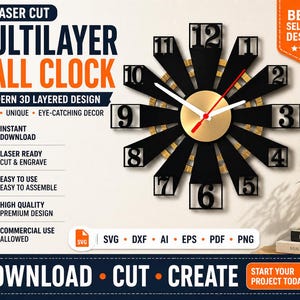 May include: A black and gold laser-cut multilayer wall clock with a modern 3D layered design. The clock features a gold center, black rays, and black numbers. The text on the image says "Download, Cut, Create".